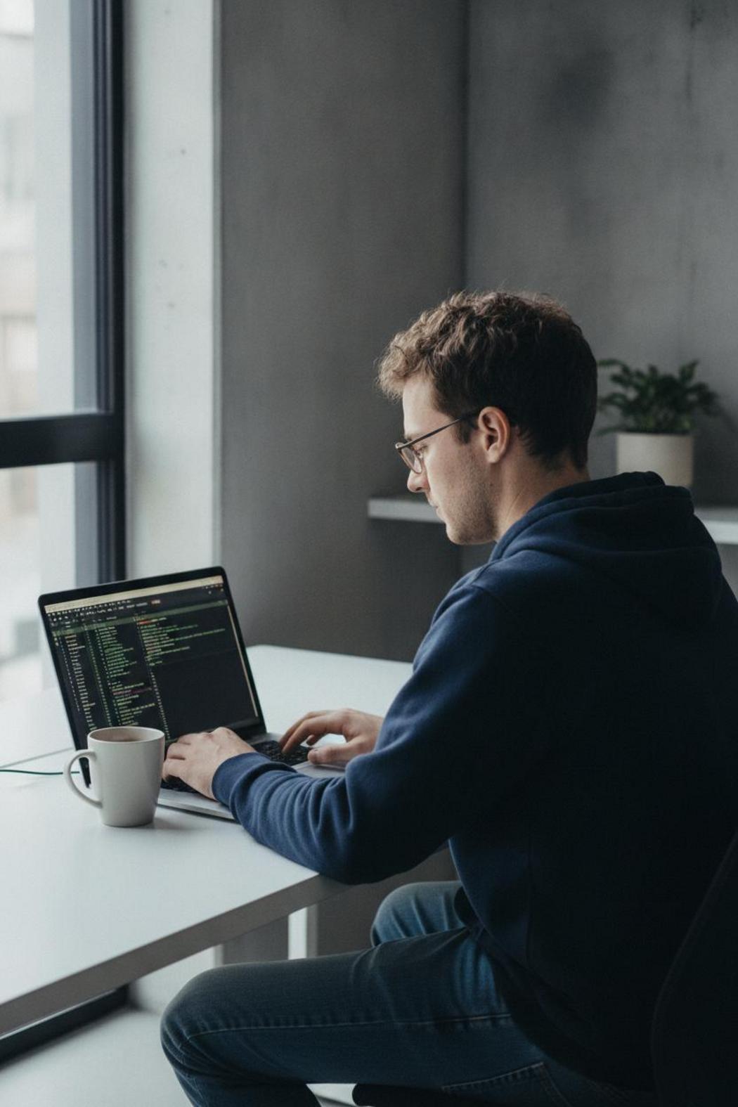 Software engineer reviewing autonomous agent logs on laptop, evaluating autogpt vs crewai autonomous agents in modern office