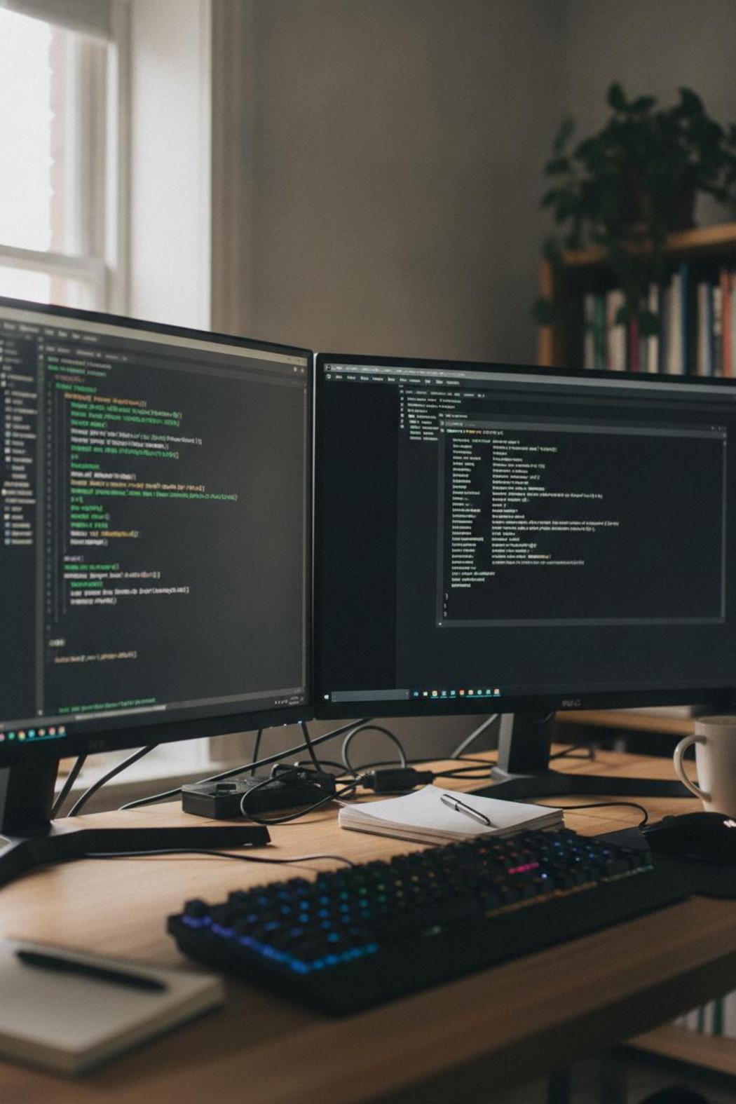 Developer workstation with dual monitors showing Python code and JSON outputs for autogpt vs crewai autonomous agents comparison