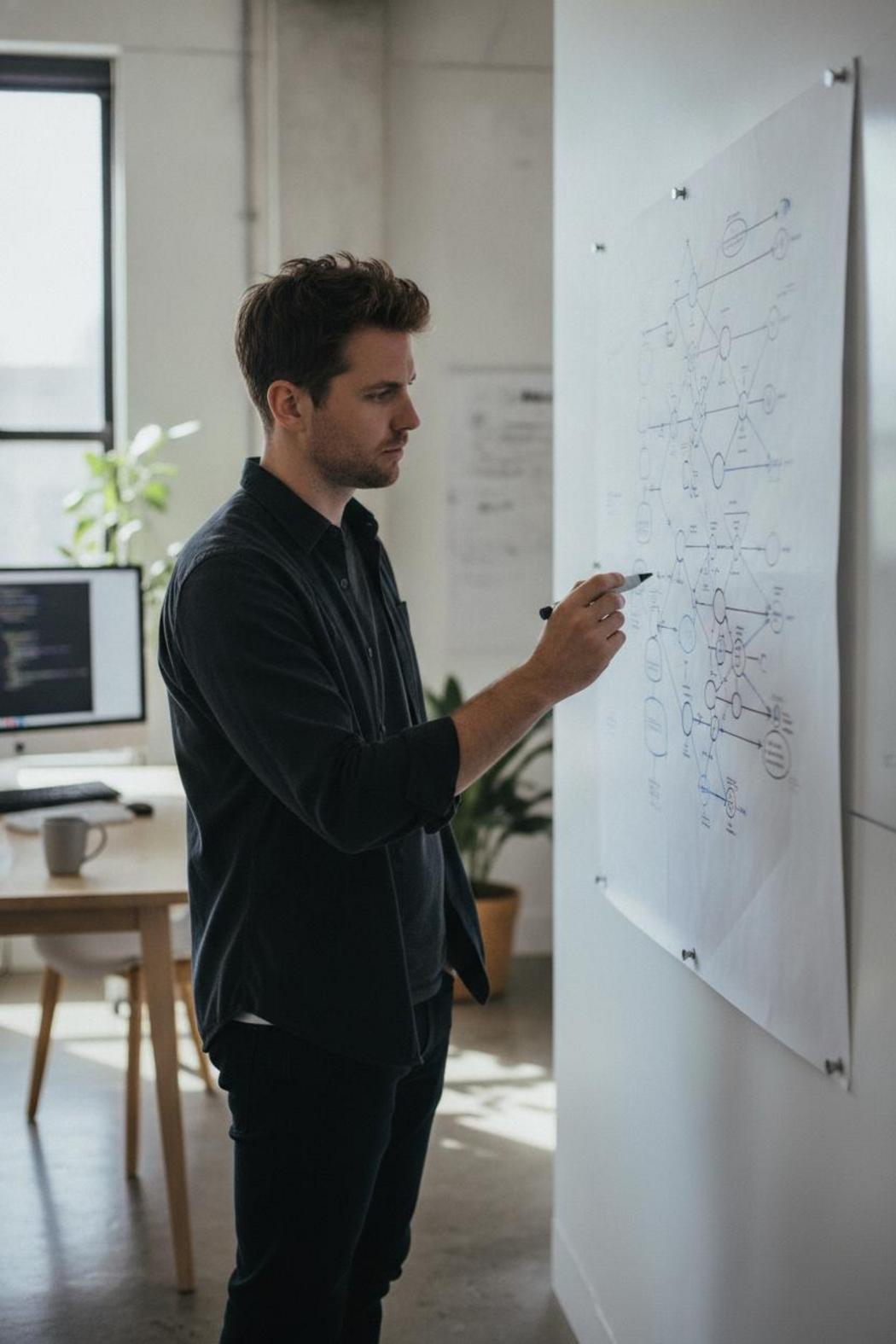 Software engineer analyzing a DAG workflow diagram on whiteboard in langchain vs crewai comparison 2026 architecture review