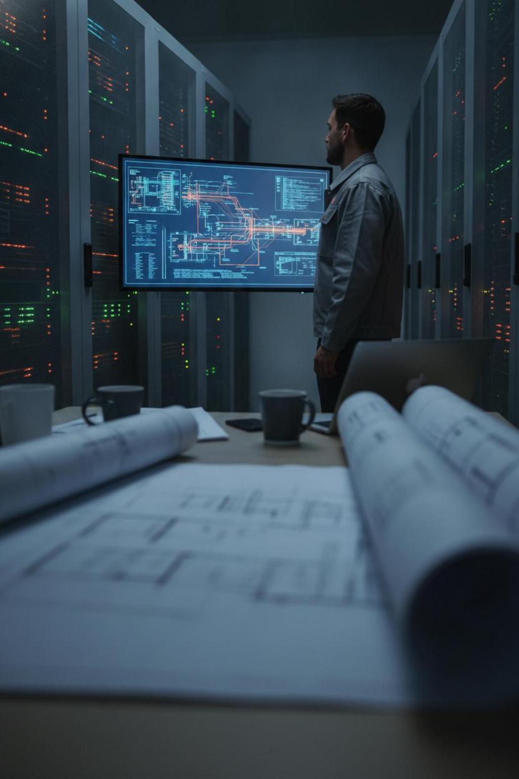 Engineer reviewing infrastructure diagrams for new autonomous AI agent assistant 2026 deployment in a server room