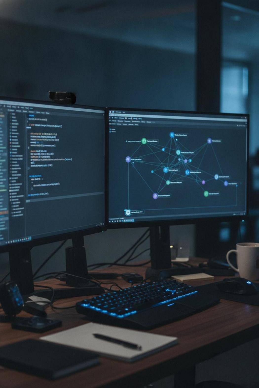 Developer workstation with Python code and agent tool-call network graph, reflecting new autonomous AI agent assistant 2026 architecture