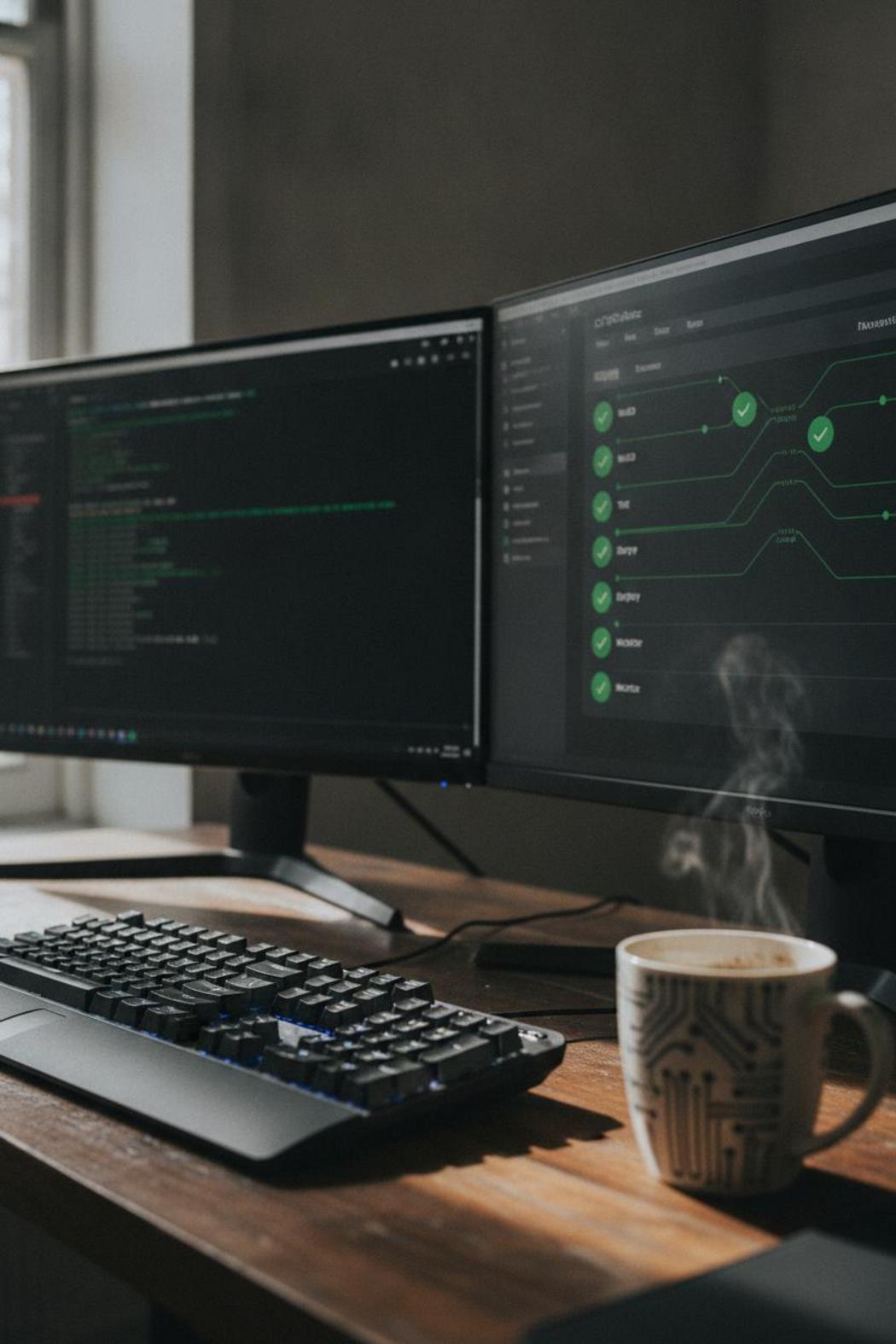 Developer desk setup with dual monitors showing pytest results and CI pipeline—tools used to evaluate AI agent performance