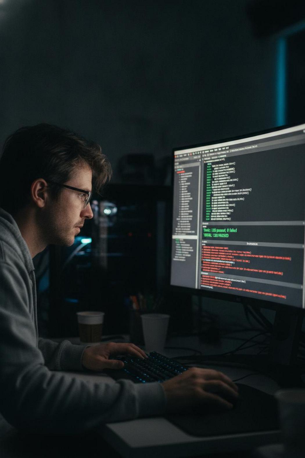 Software engineer reviewing JSON logs and test results on monitor — how to evaluate AI agent performance