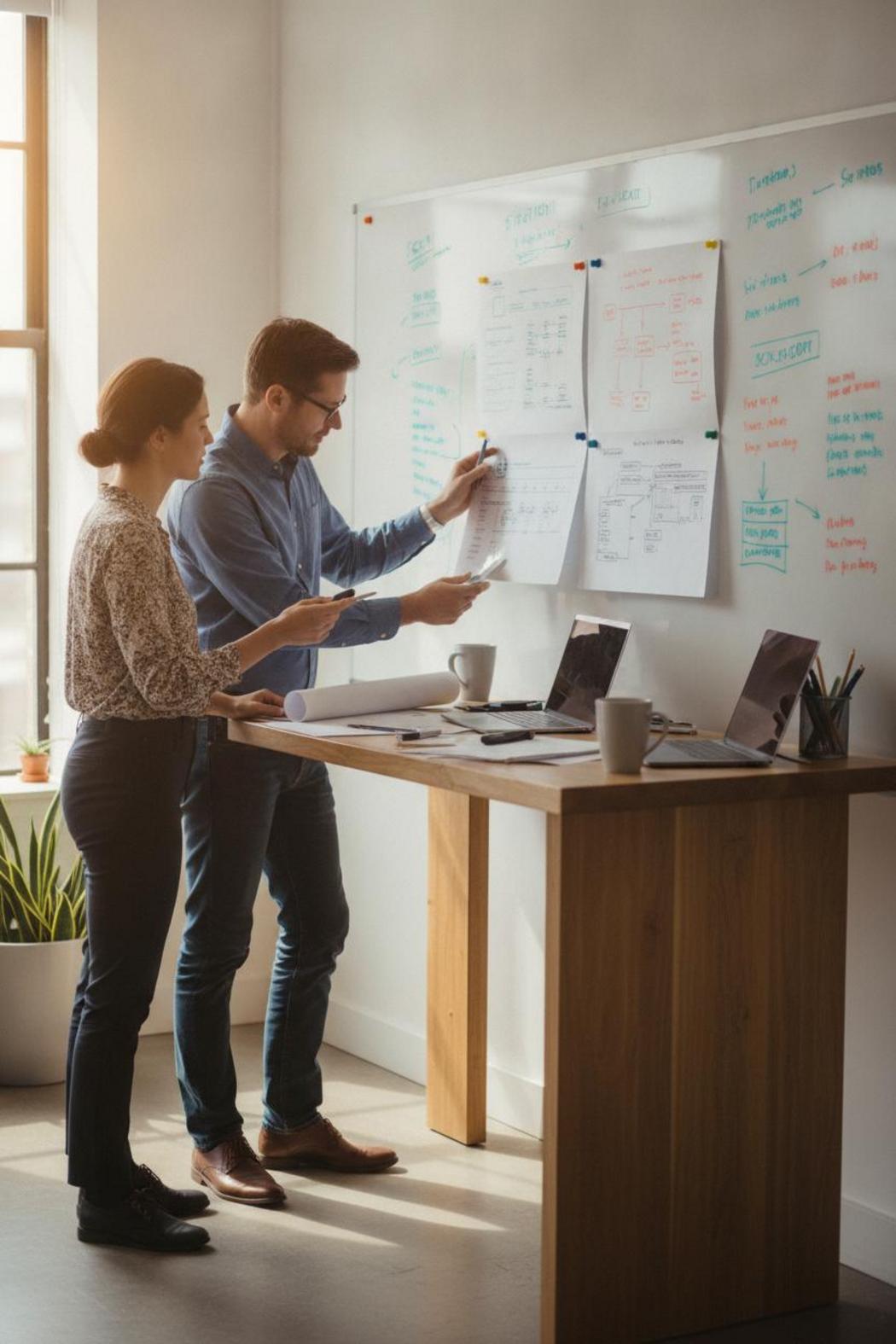 Two engineers comparing system diagrams during an autonomous AI assistant vs copilot comparison session at a whiteboard