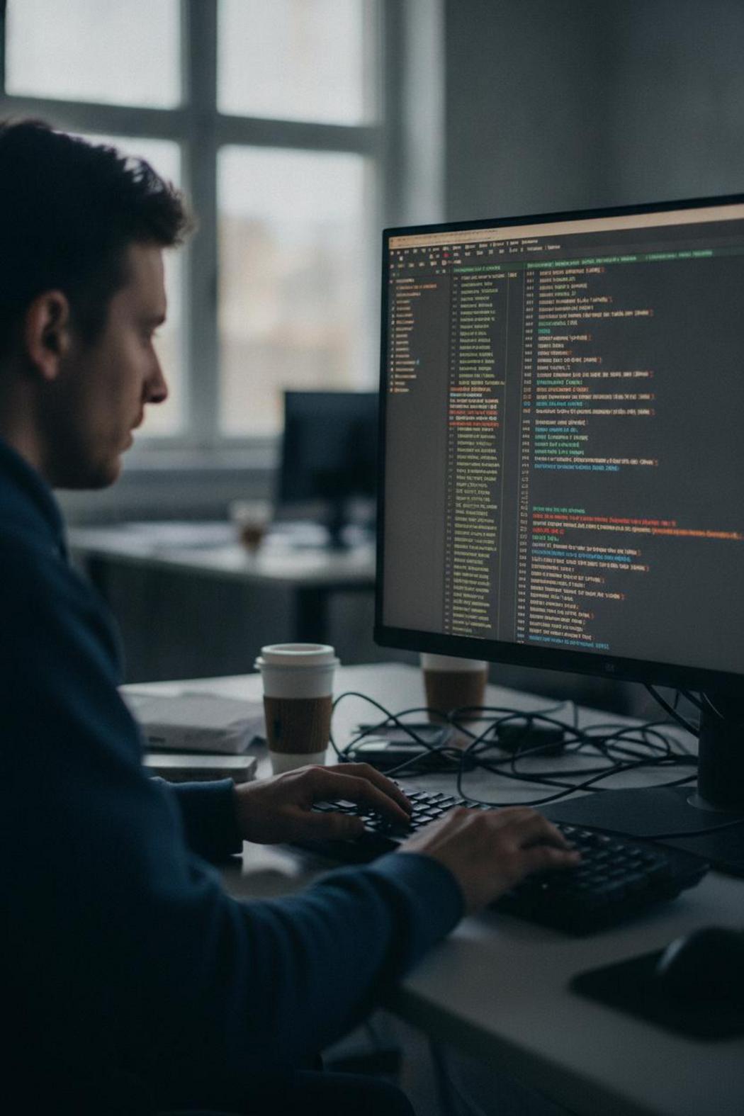 Software engineer reviewing terminal logs β autonomous AI assistant vs copilot comparison in a modern office setting