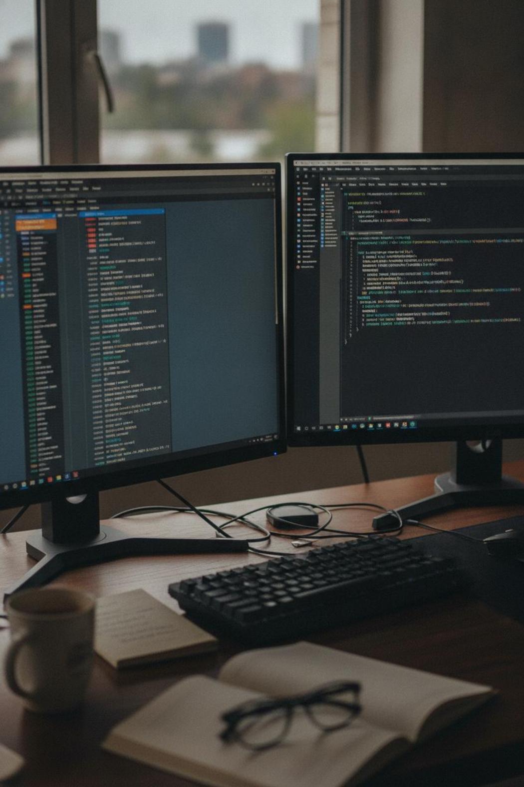 Developer desk with dual monitors showing JSON tasks and Python scripts for best ai agent leaderboard 2026 evaluation