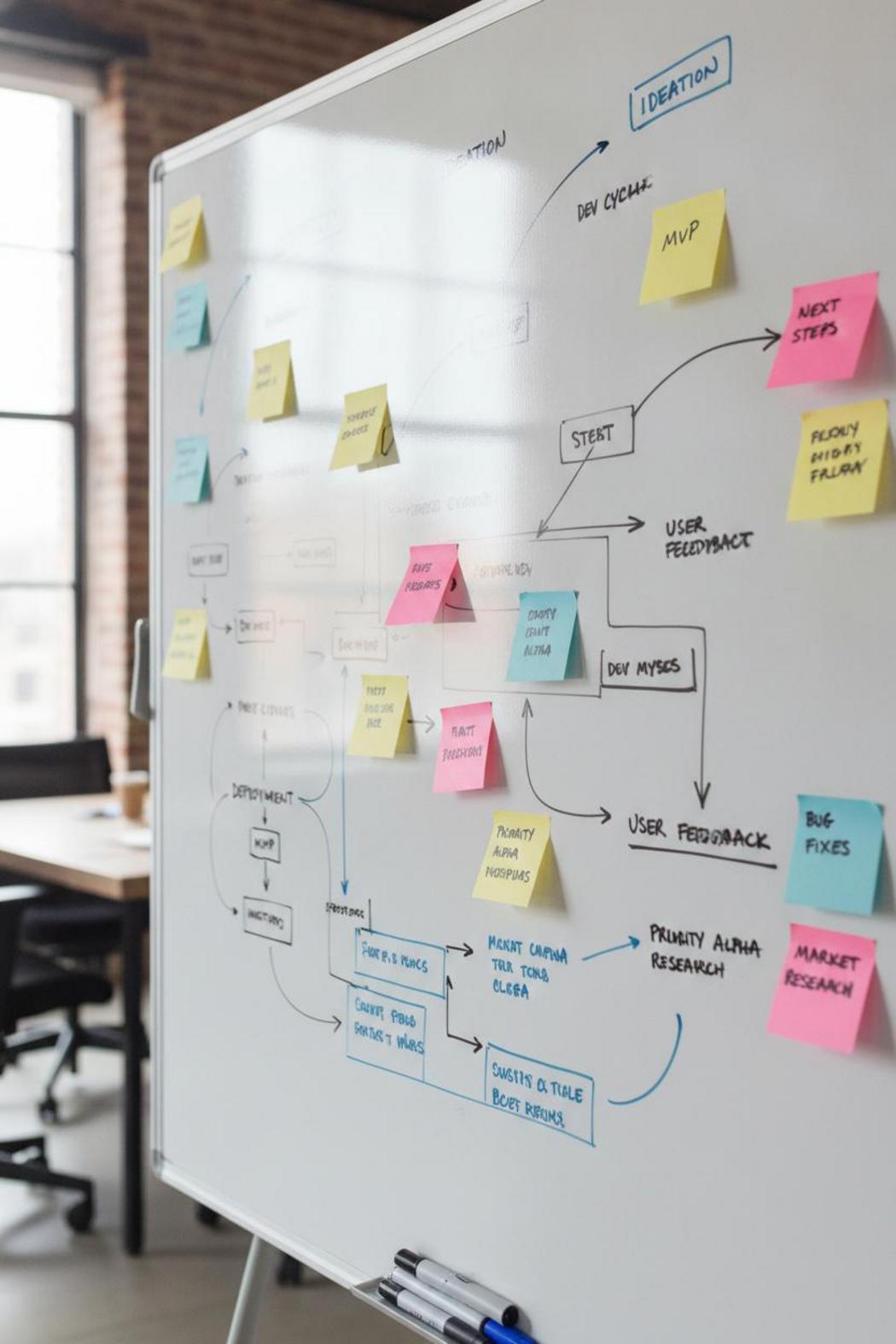 Whiteboard with workflow diagrams and sticky notes tracking enterprise AI agent ROI benchmarks 2026 in startup war room