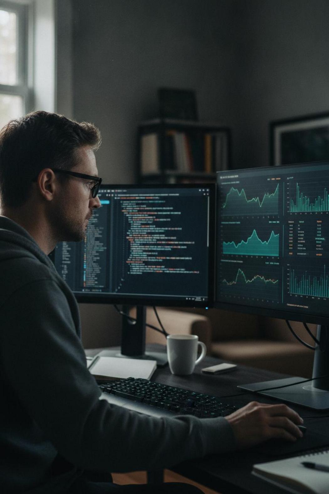 Software engineer analyzing enterprise AI agent ROI benchmarks 2026 on dual monitor performance dashboards in modern office