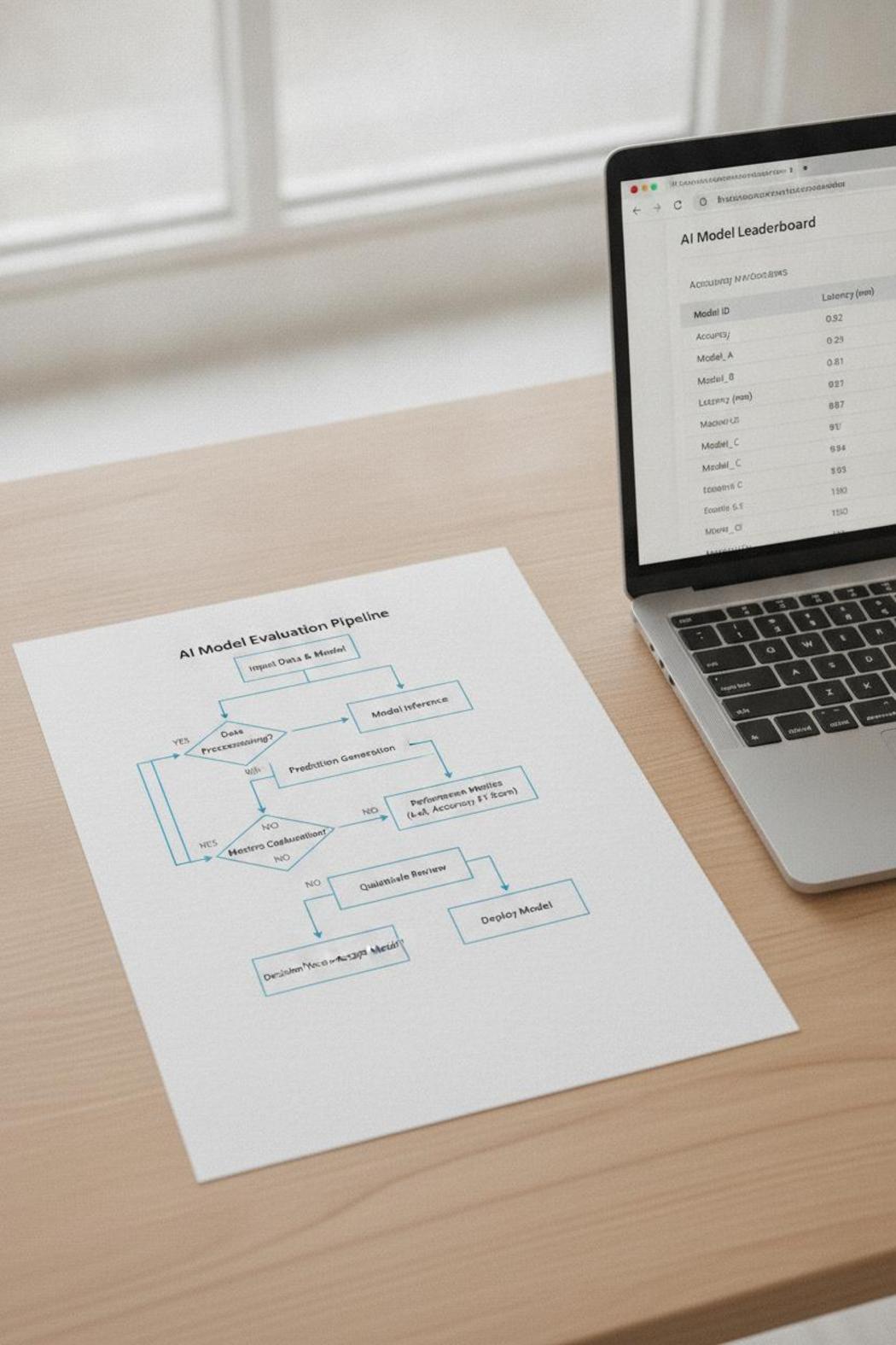 AI agent benchmark evaluation accuracy flowchart diagram beside laptop showing leaderboard scores on white paper