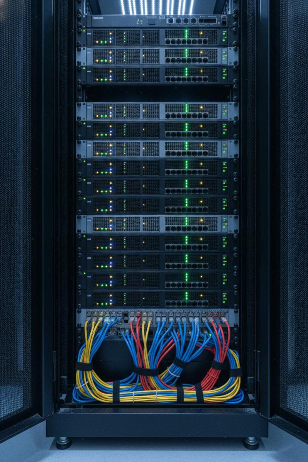 Server rack with status LEDs and ethernet cables illustrating ai agent benchmark evaluation accuracy in data centers