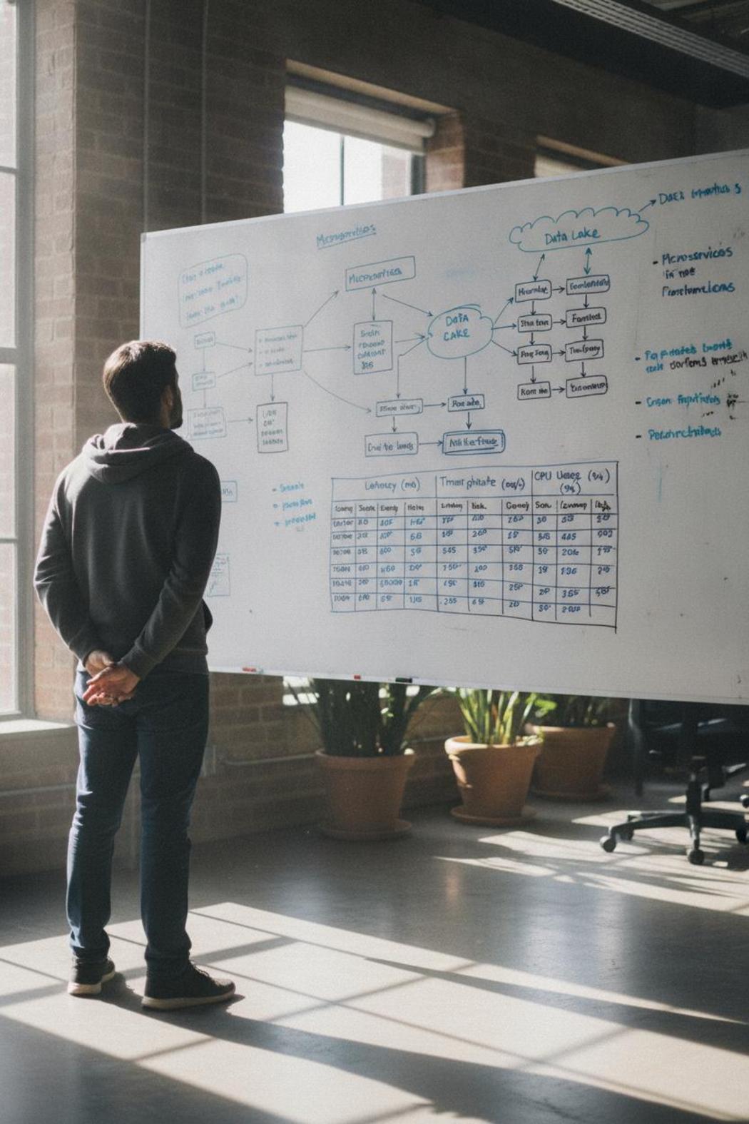 Developer studying whiteboard with system architecture diagrams for ai agent benchmark evaluation accuracy framework