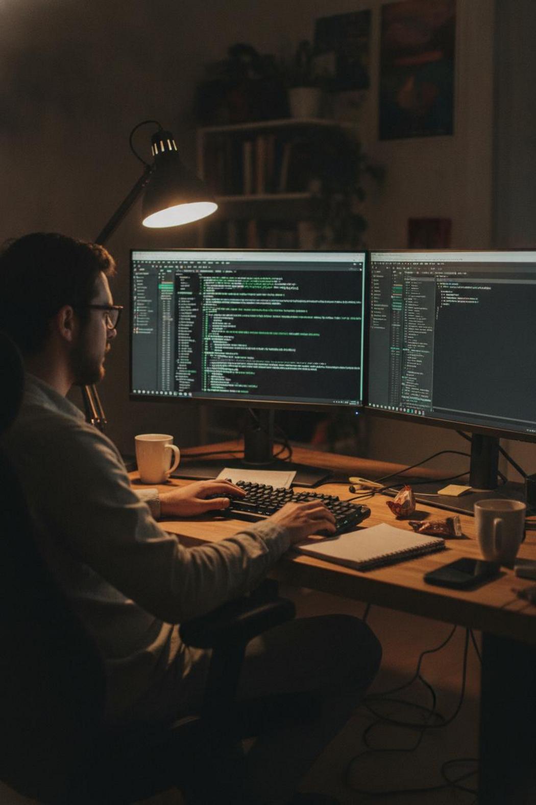 Software engineer reviewing code on dual monitors—evaluating ai agent benchmark evaluation accuracy in terminal test logs