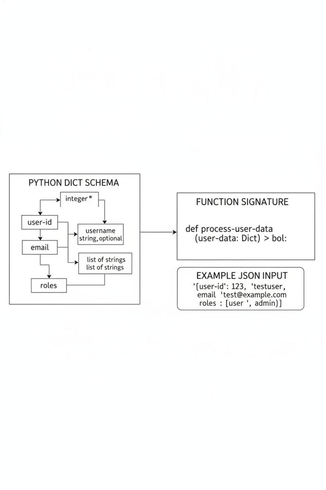 Python dict schema flowchart connected to function signature in ai agent function calling tutorial python example