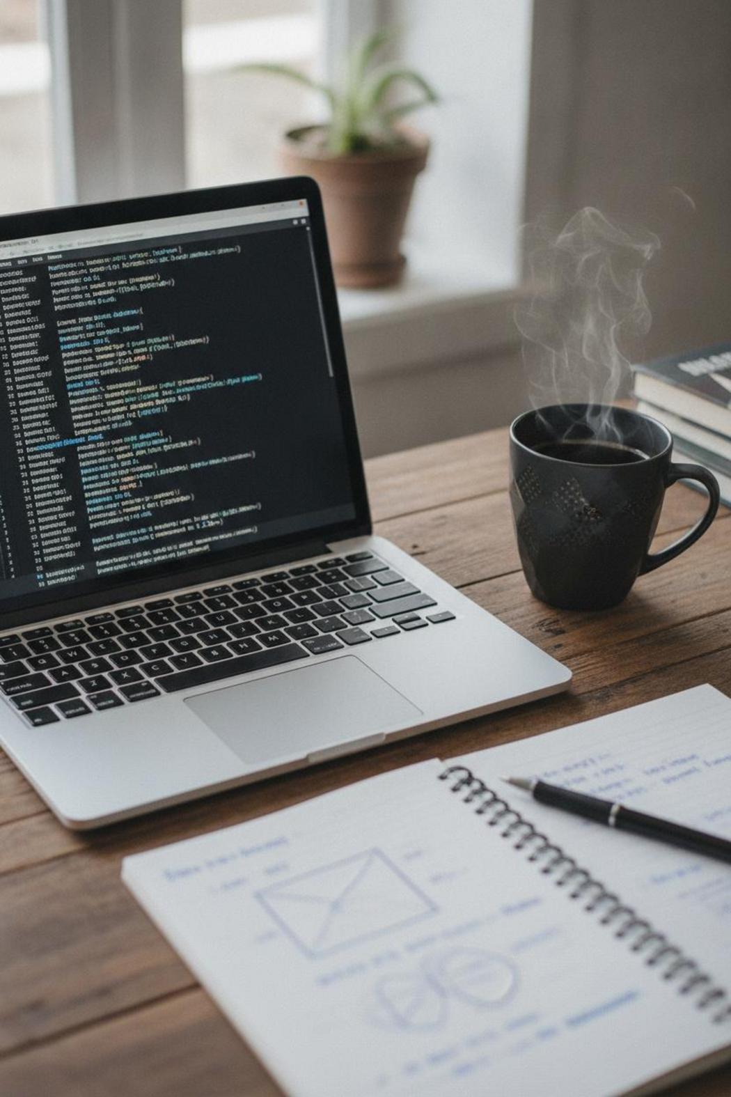 Overhead view of Python terminal script on laptop beside coffee and notebook — ai agent function calling tutorial python setup