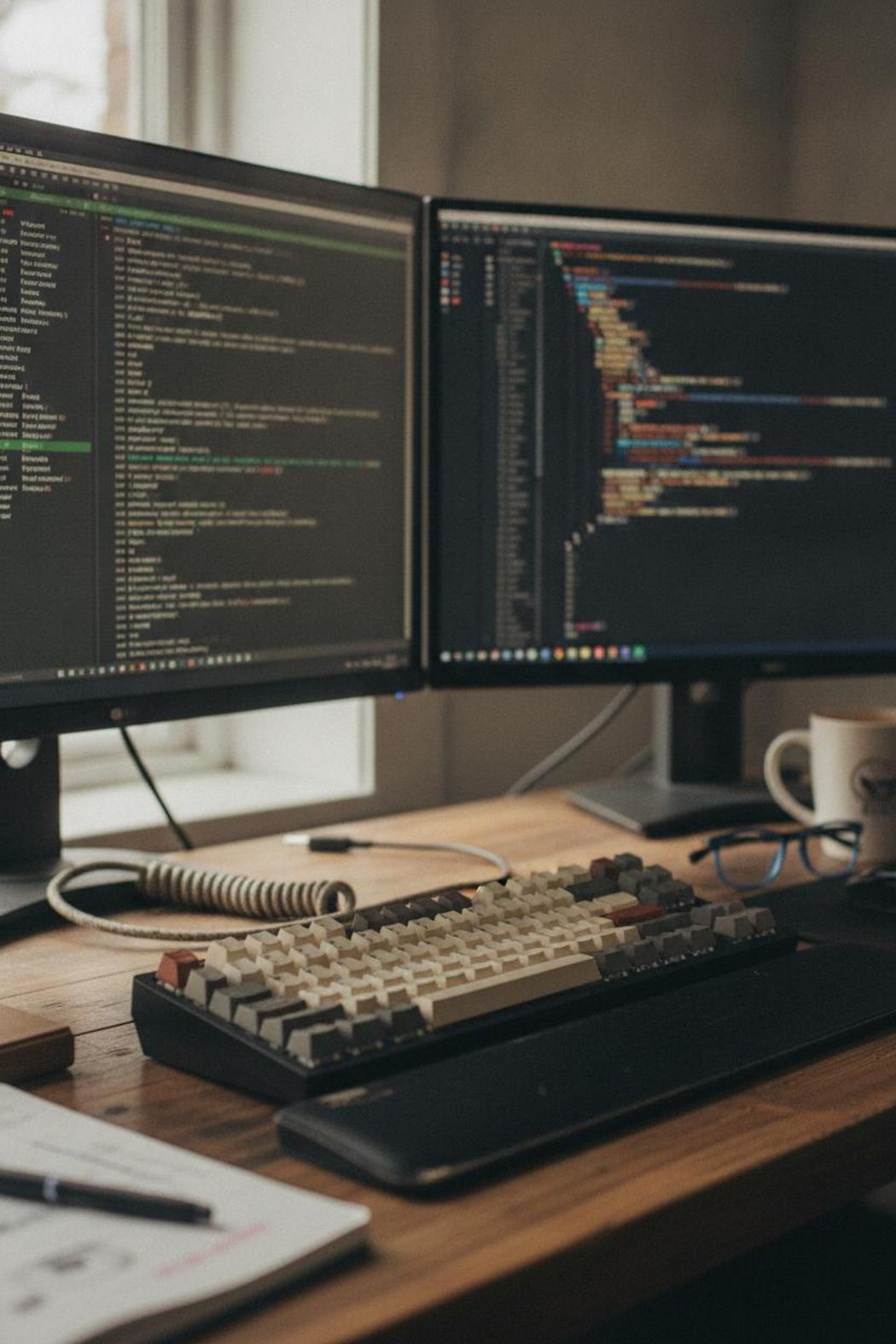 Developer desk setup for ai agent function calling tutorial python, showing dual monitors with terminal and JSON output