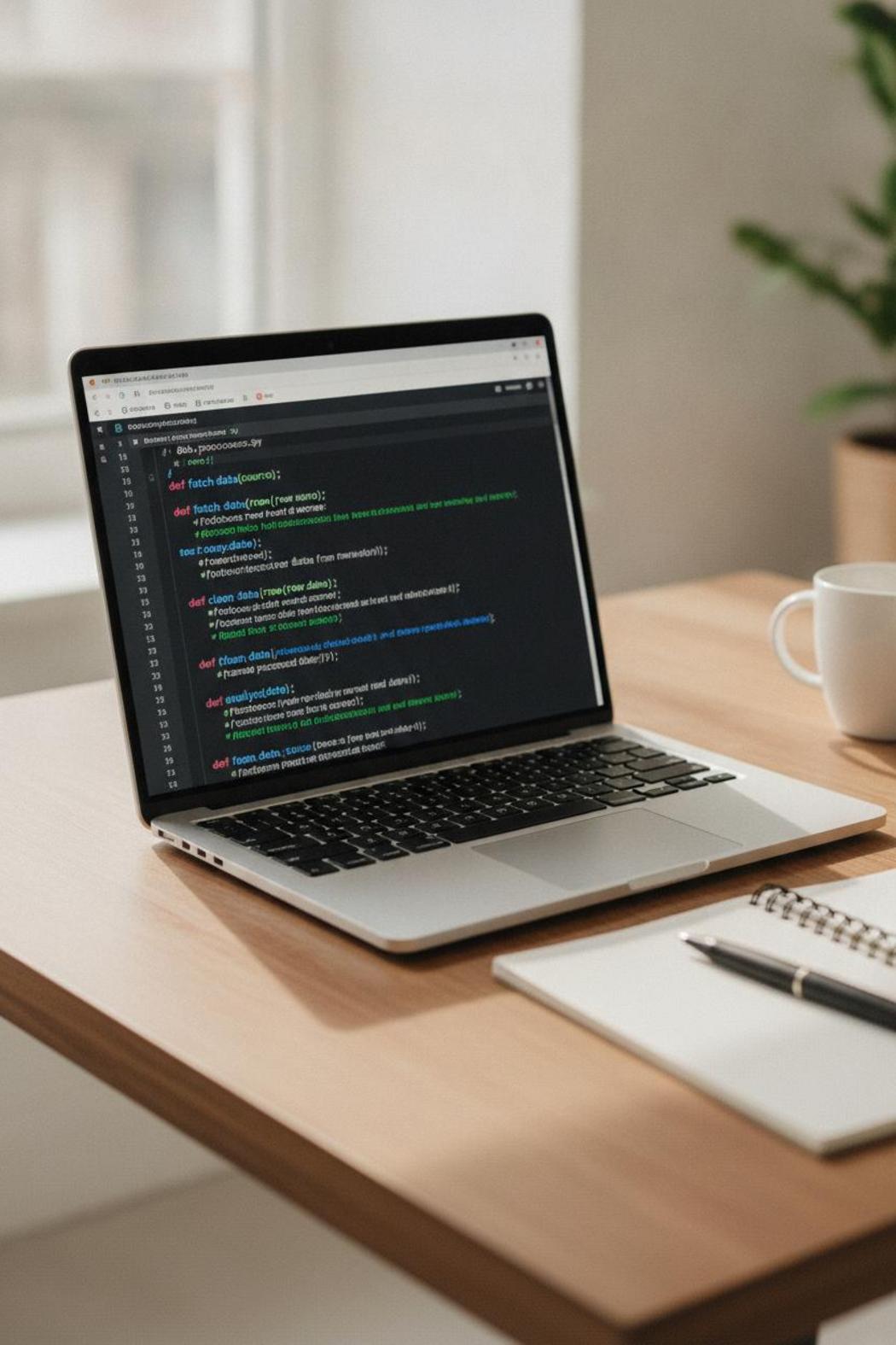 Open laptop showing Python code for ai agent safety oversight frameworks 2026 on wooden desk with notepad