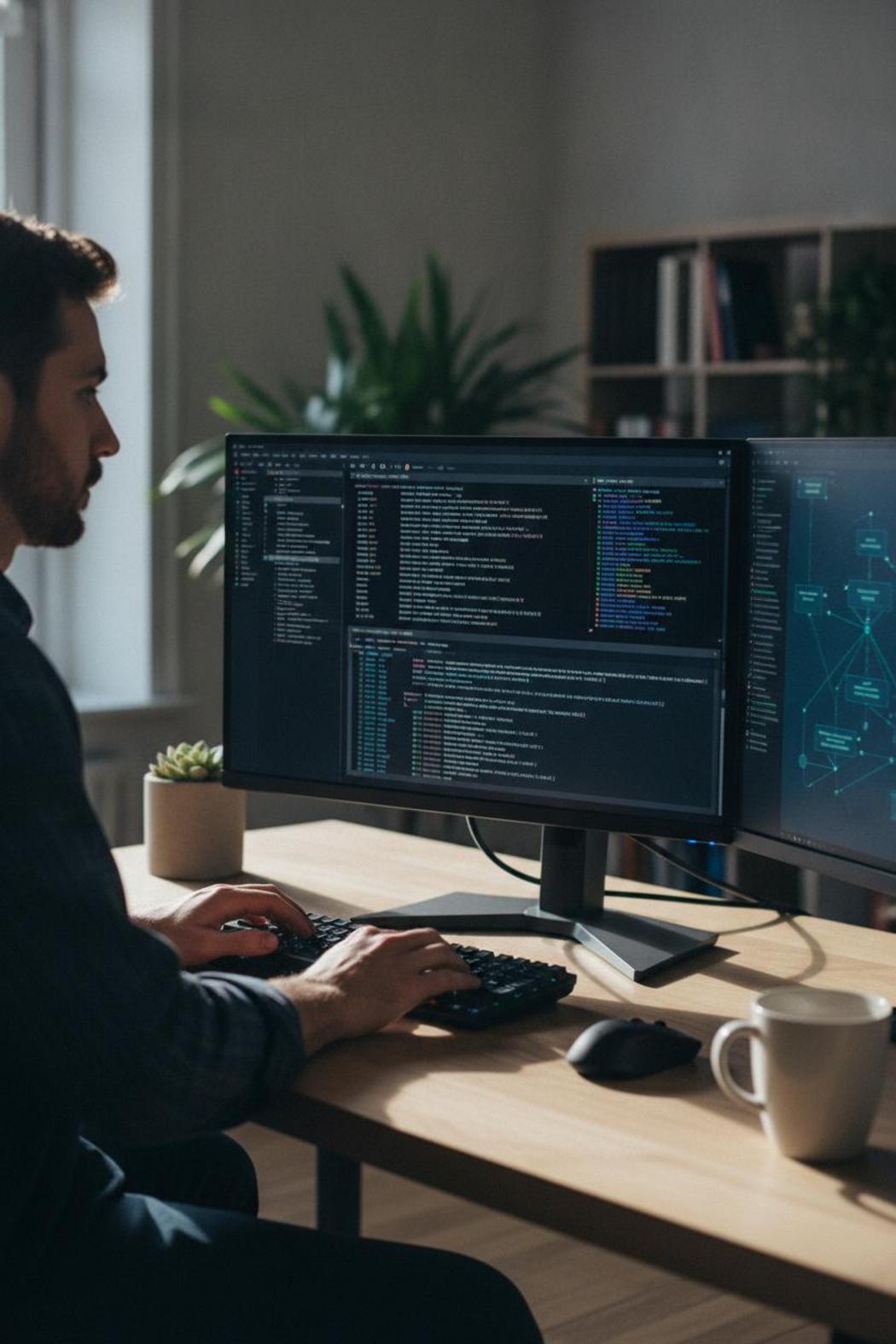 Software engineer analyzing terminal logs and JSON configs for ai agent safety oversight frameworks 2026 on dual monitors