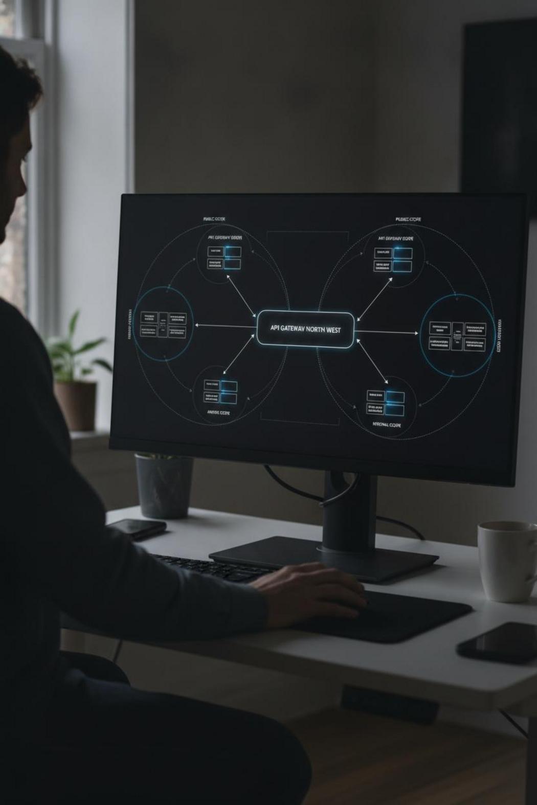 Developer reviewing containerized API gateway diagram for autonomous agent risk mitigation strategies at standing desk