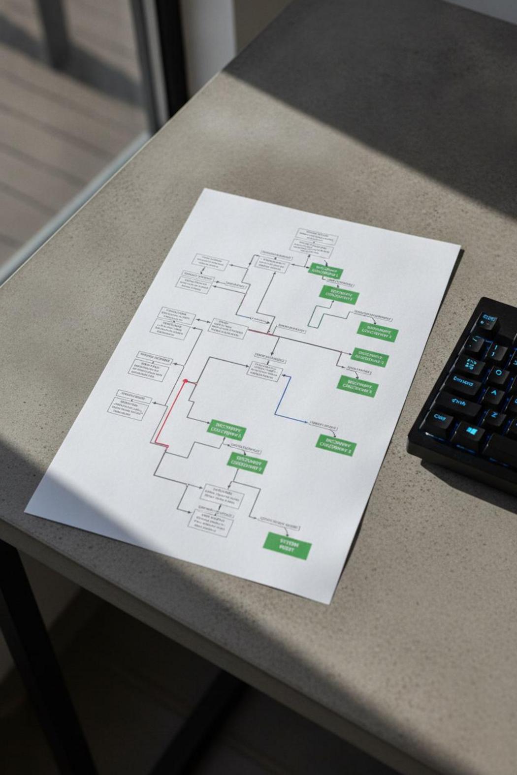 Decision tree diagram mapping failure branches and recovery checkpoints — autonomous agent risk mitigation strategies printed on paper