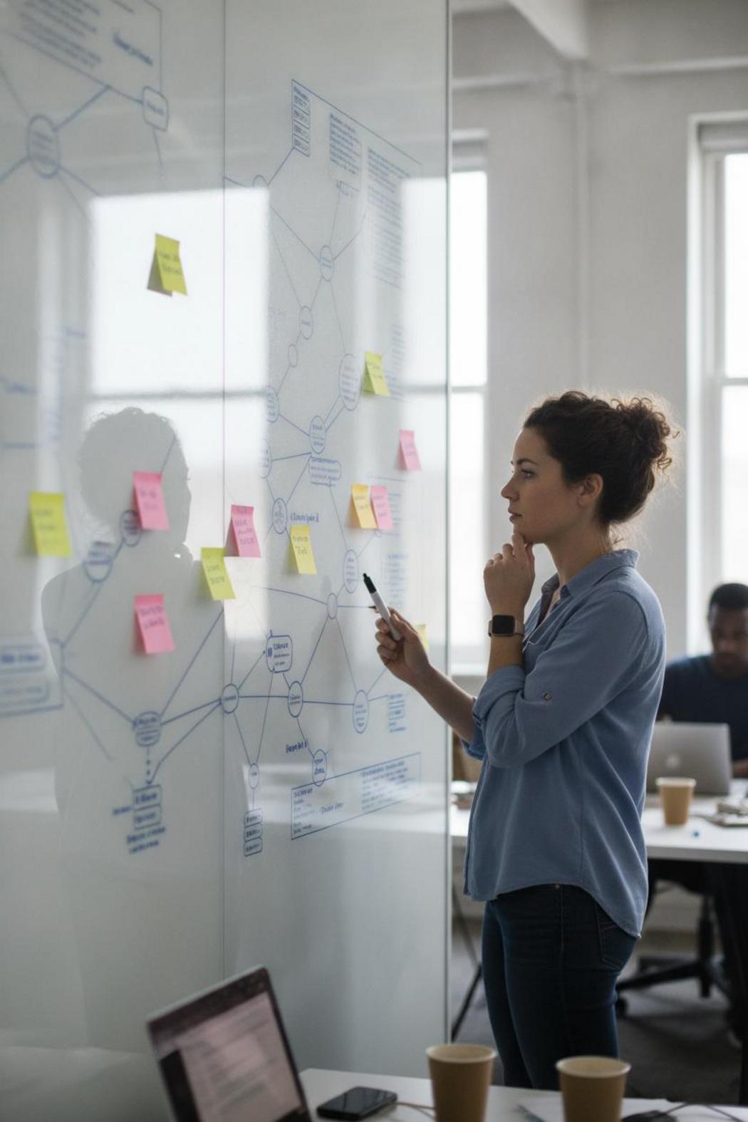 Software engineer reviewing network topology diagram on whiteboard as part of autonomous agent risk mitigation strategies
