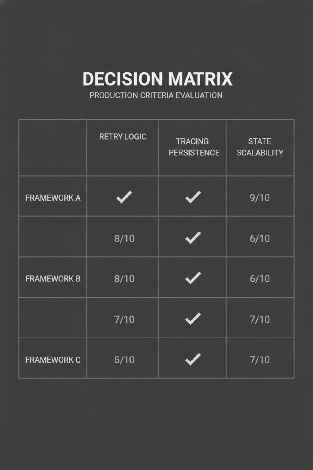 Decision matrix comparing best AI agent framework for production across retry logic, tracing, and state persistence criteria