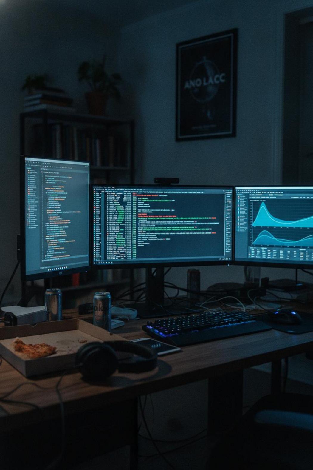 Software engineer's desk at night with monitors showing code and uptime dashboardsβbest ai agent framework for production