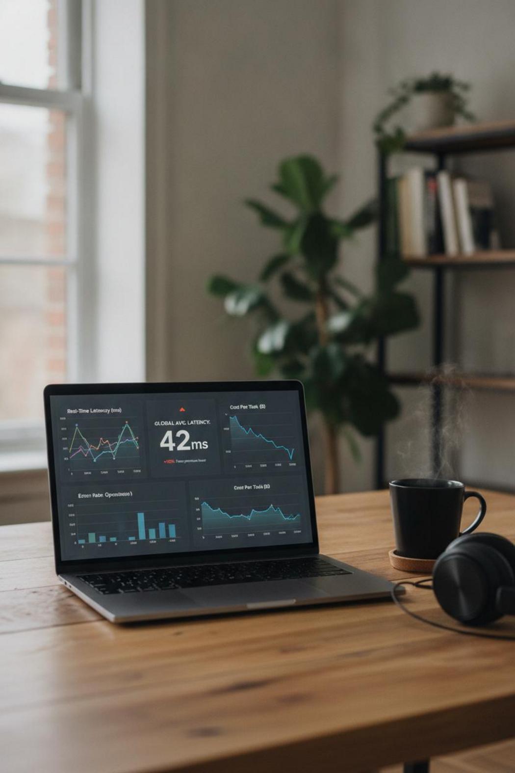 Laptop dashboard showing latency and cost-per-task metrics for agentic AI enterprise adoption 2026 on a wooden desk
