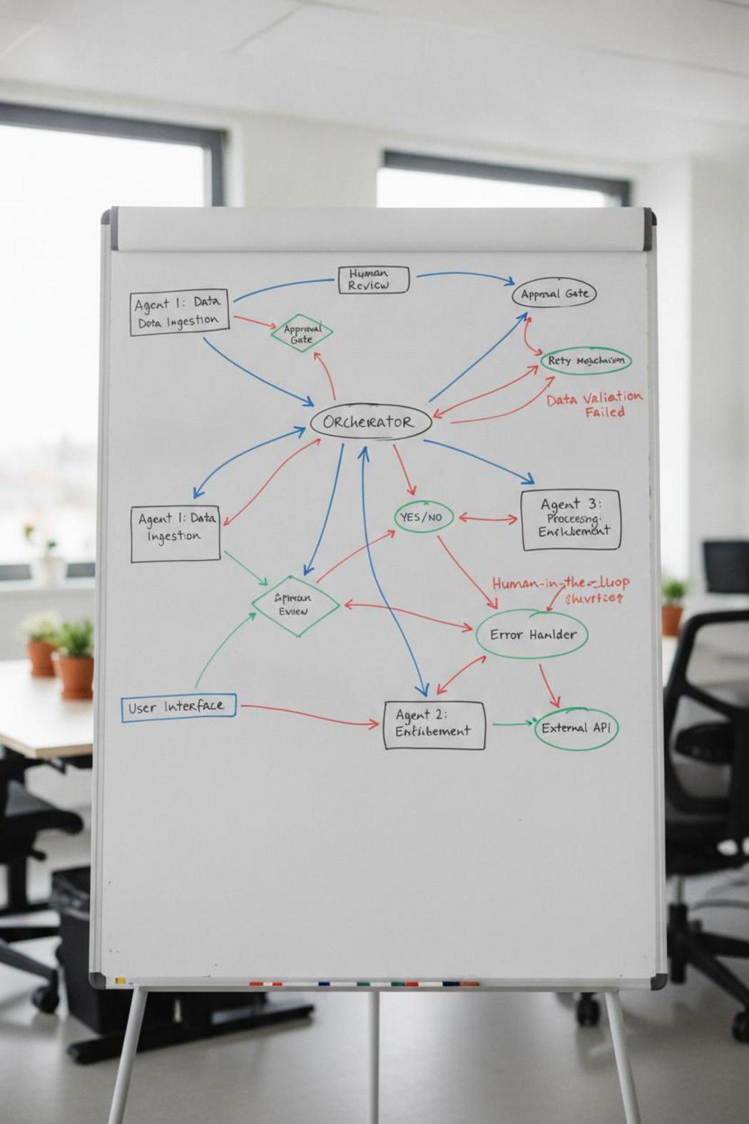 Whiteboard diagram mapping agent orchestration flows and error handling branches for agentic AI enterprise adoption 2026
