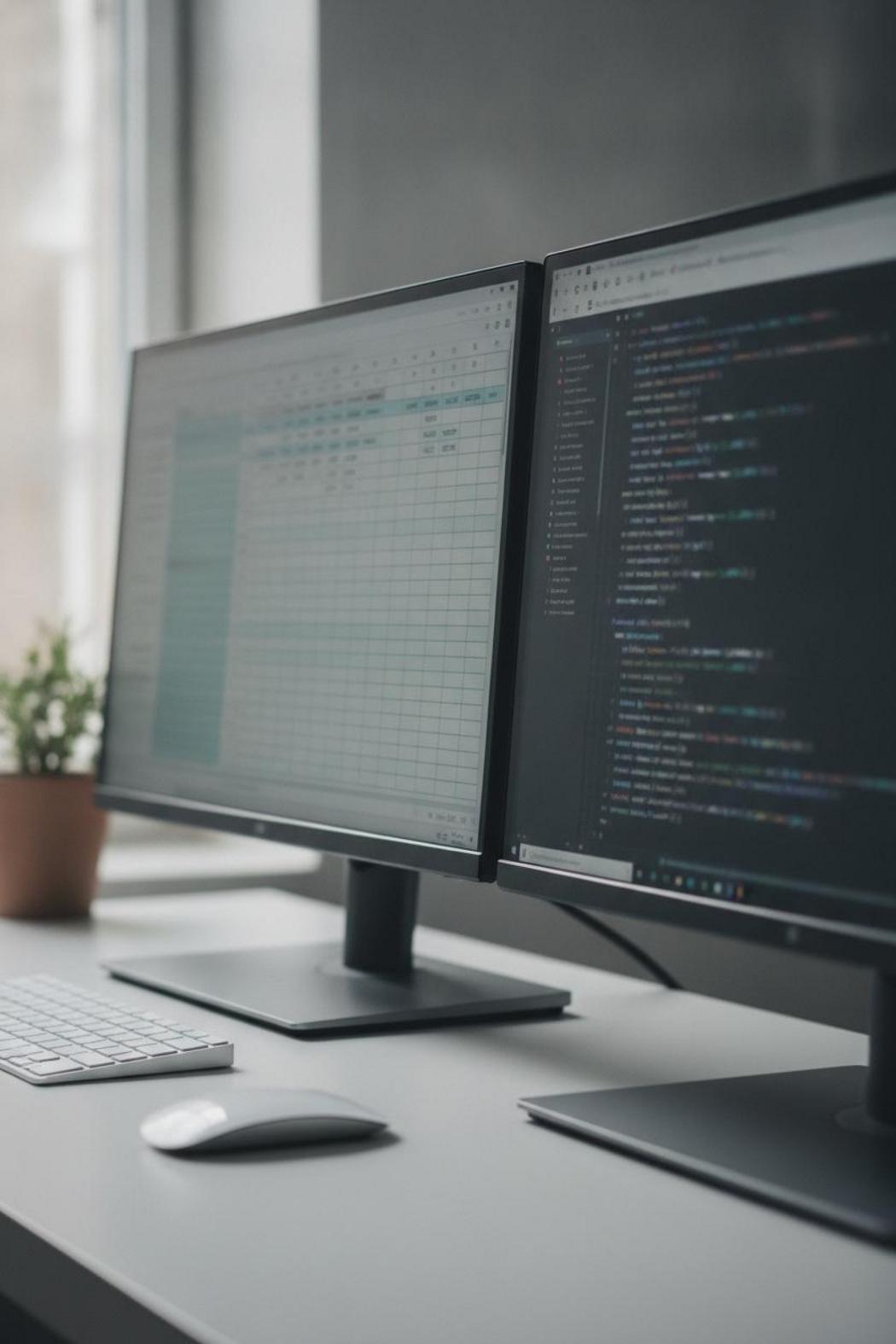 Dual monitors displaying spreadsheet data and Python code editor — agentic AI use cases enterprise 2026 finance setup