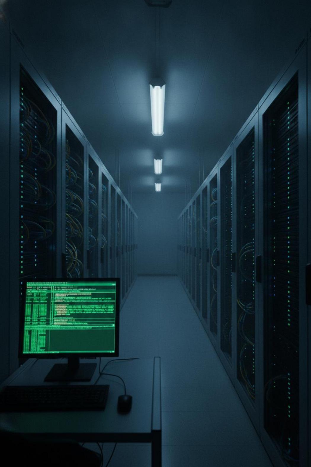 Dimly lit enterprise server room with glowing LEDs and monitoring terminal — agentic AI use cases enterprise 2026